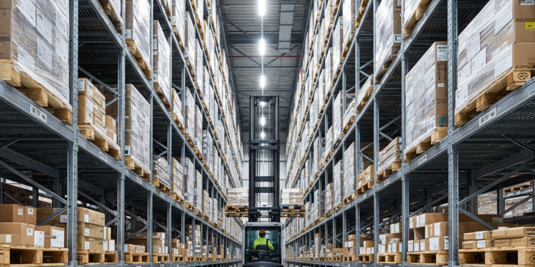 Modernes Hochregallager mit einem Gabelstapler, der Warenpaletten einlagert. Die Regale sind bis zur Decke mit Kartons gefüllt, was eine effiziente vertikale Raumnutzung und einen hohen Raumnutzungsgrad in der Lagerlogistik symbolisiert. Der Gang ist eng und optimiert für die Maschinennutzung